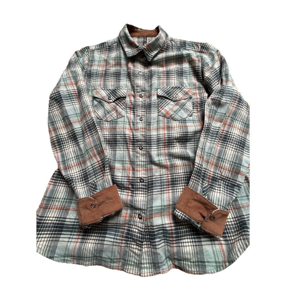 KUHL Tess Corduroy Trim Medium Flannel Shirt Womens Small Snap Front Green Plaid - Picture 3 of 7